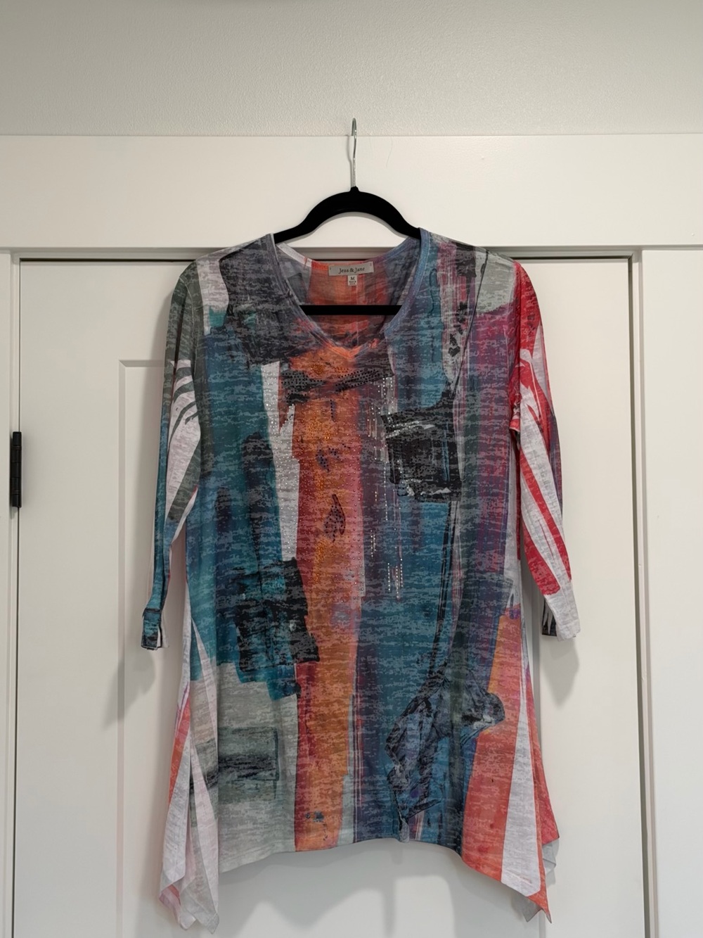 Abstract Striped Scoop Neck Tunic in Teal, Coral & Gray